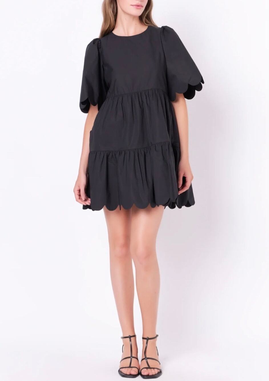 English Factory Black Scallop Detail Tiered Mini Dress XS